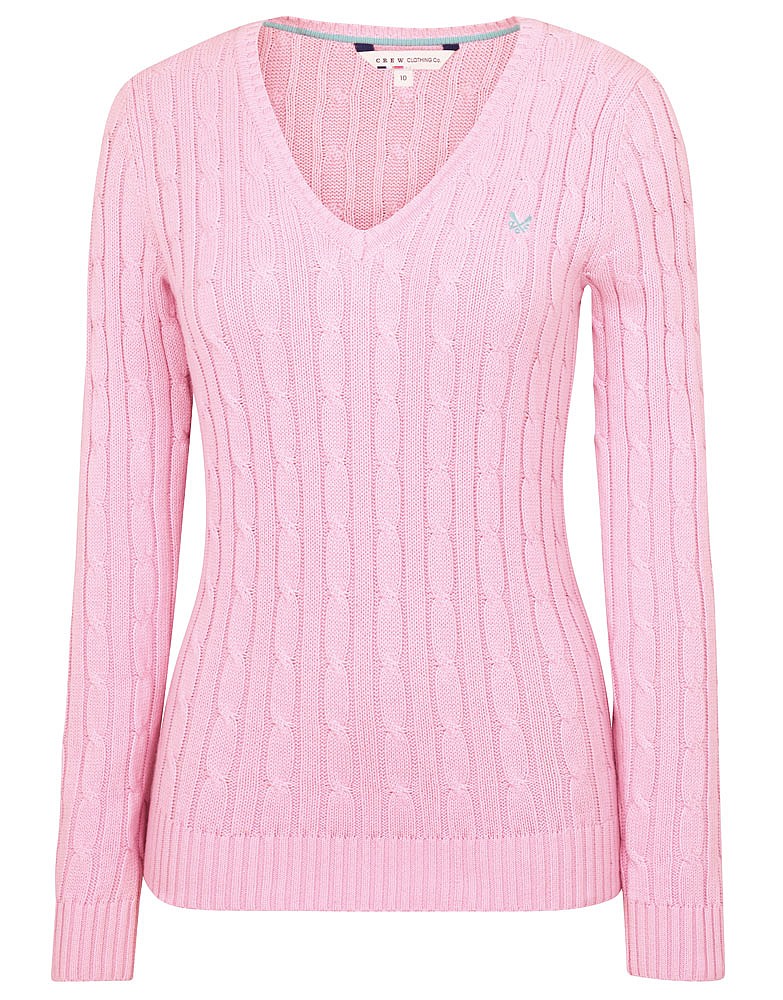 Women's Crew Cable Vneck Jumper in Classic Pink from Crew Clothing