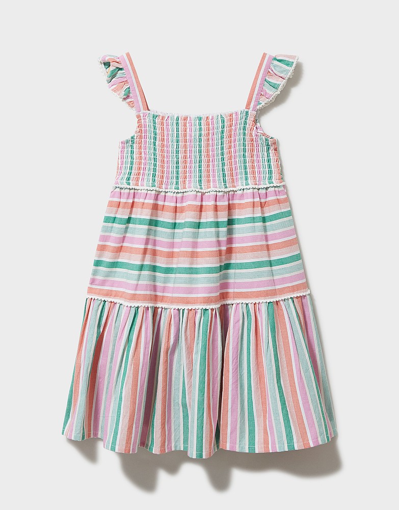 Striped dress on sale with pom poms