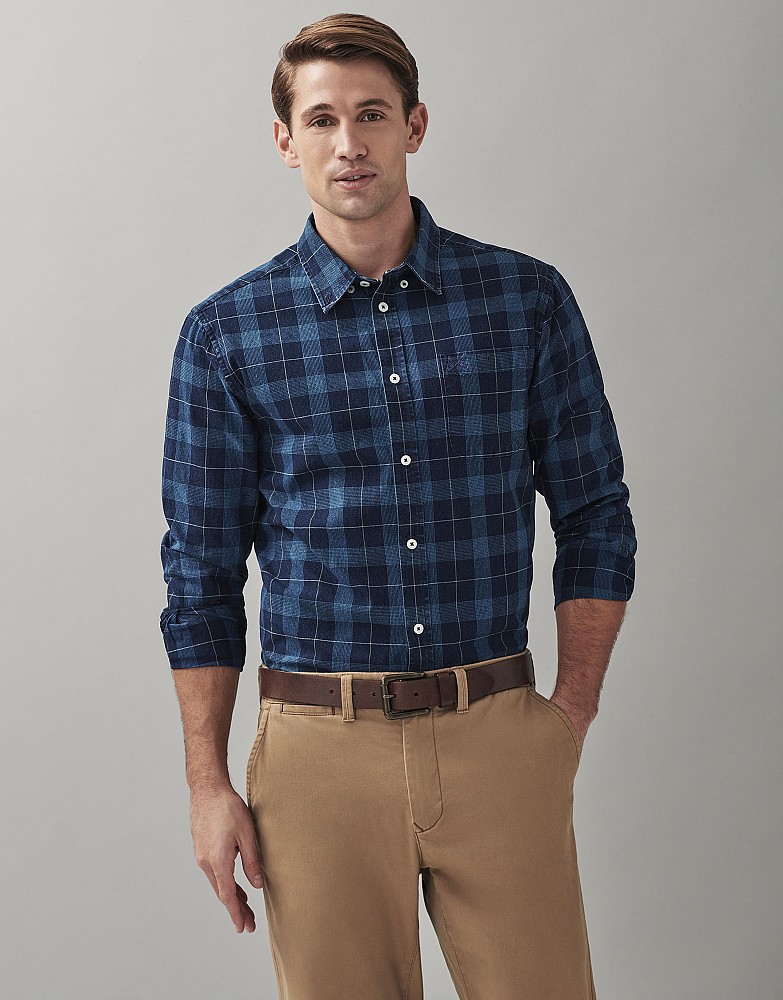 Men's Long Sleeve Classic Fit Indigo Check Shirt from Crew Clothing Company