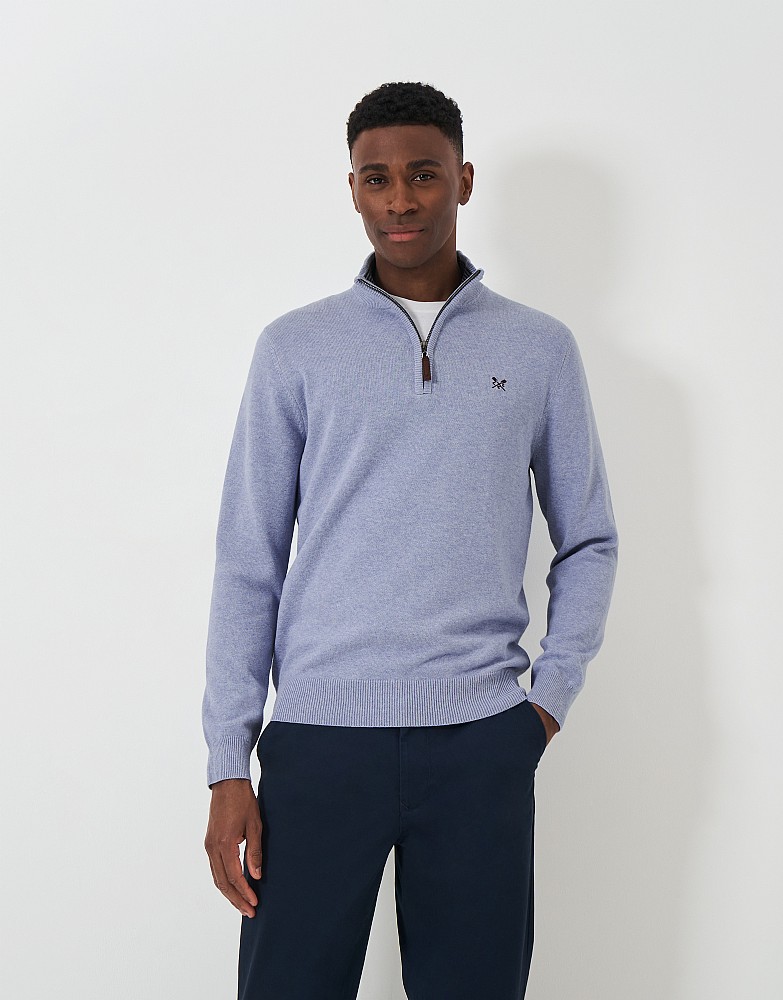 Men s Organic Cotton Half Zip Knitted Jumper in Light Blue from Crew Clothing Company