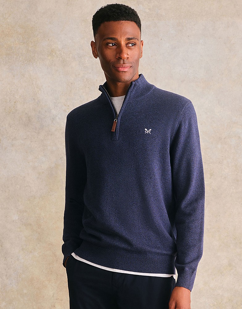 Organic Cotton Half Zip Knitted Jumper in Steel Blue