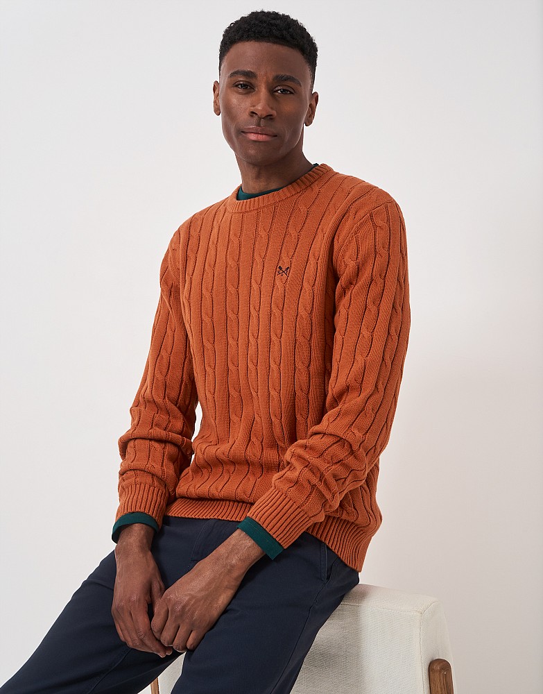 Oarsman Cable Knit Organic Cotton Crew Neck Jumper in Dark Orange