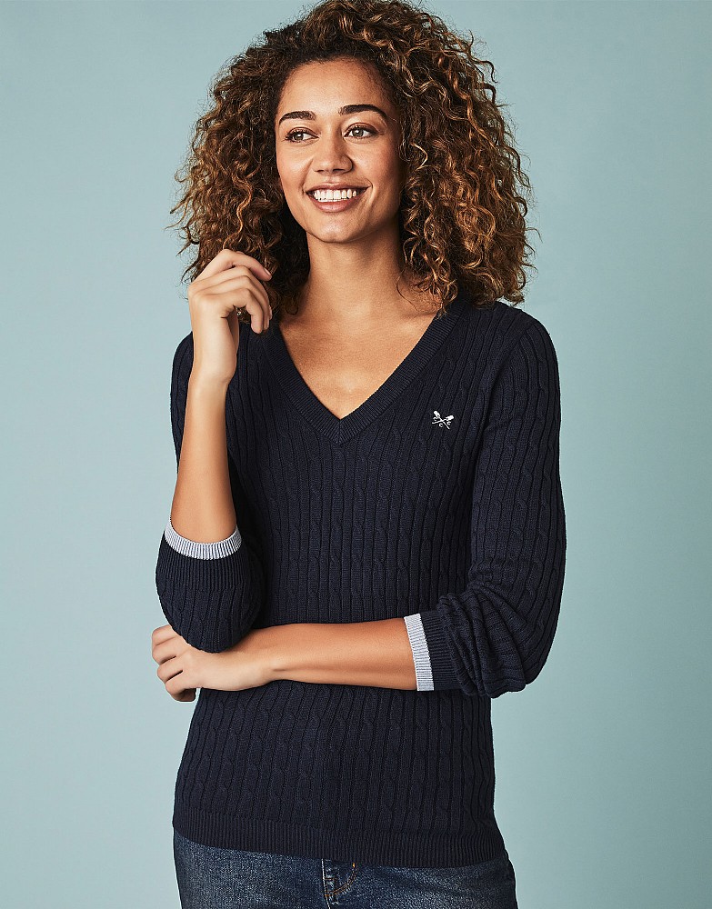 Women's Heritage Tipped Cable V Neck Jumper from Crew Clothing Company
