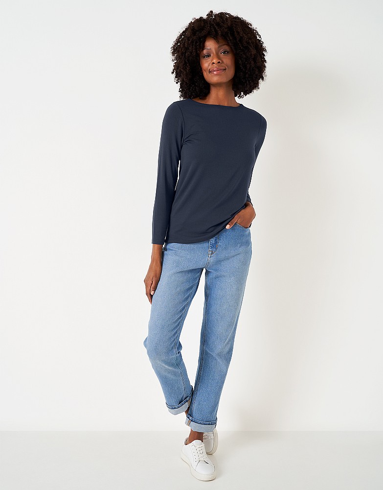 Navy Boat Neck Long Sleeve Top