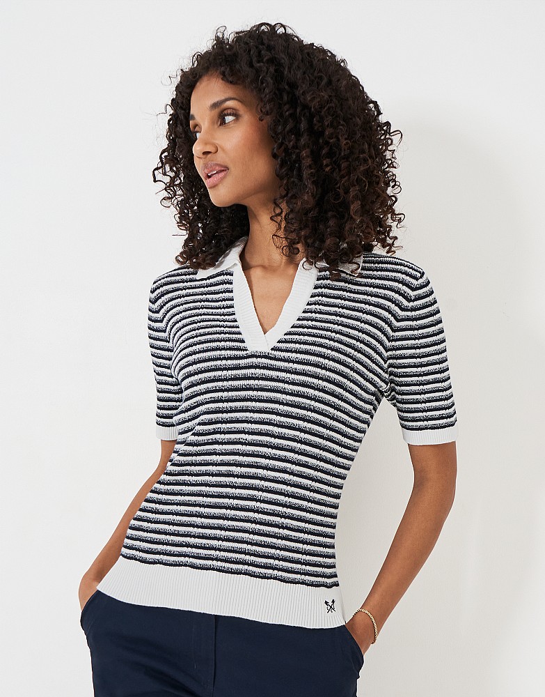 Stripe Collar Knitted Top in Navy and White