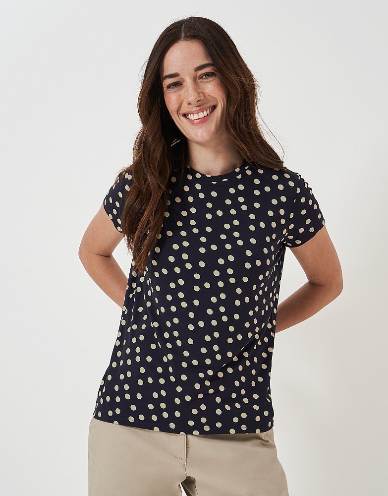 Polka Dot Printed Jersey T-Shirt in Navy and White