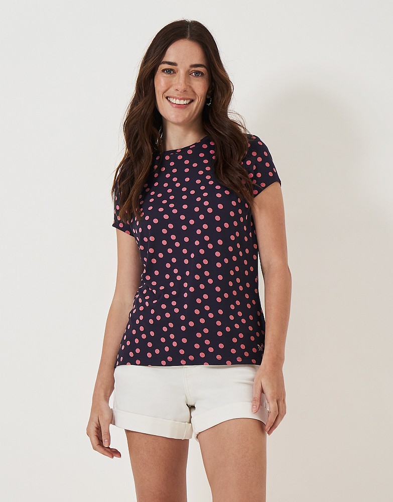 Polka Dot Printed Jersey Tee in Navy and Pink