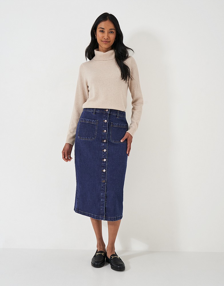 Button Front Denim Midi Skirt in Mid Wash