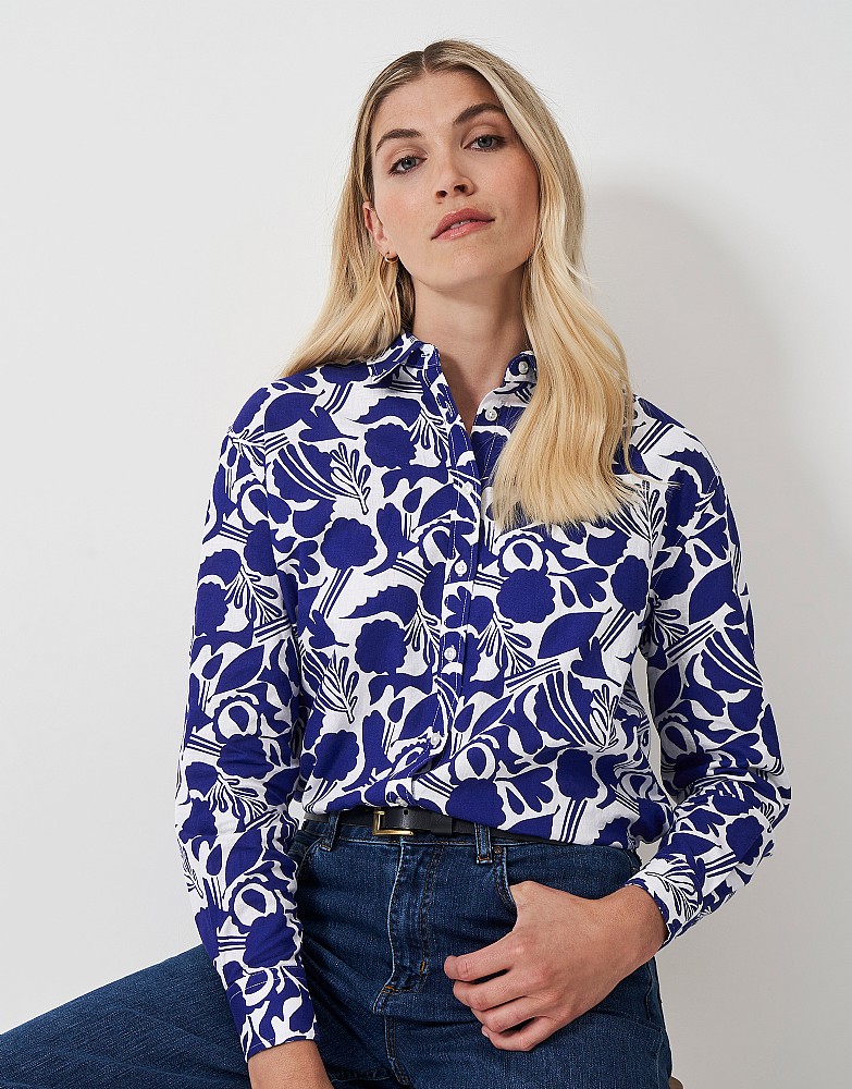 Long Sleeve Floral Print Linen Blend Shirt in Blue and White