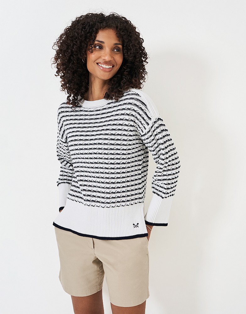 Wide Sleeve Knitted Stripe Jumper in Navy and White