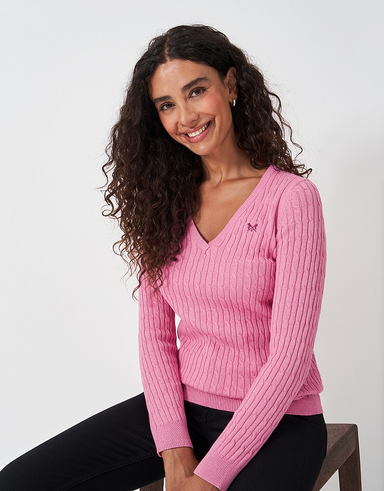 Heritage Cotton Cashmere Cable Knit V Neck Jumper