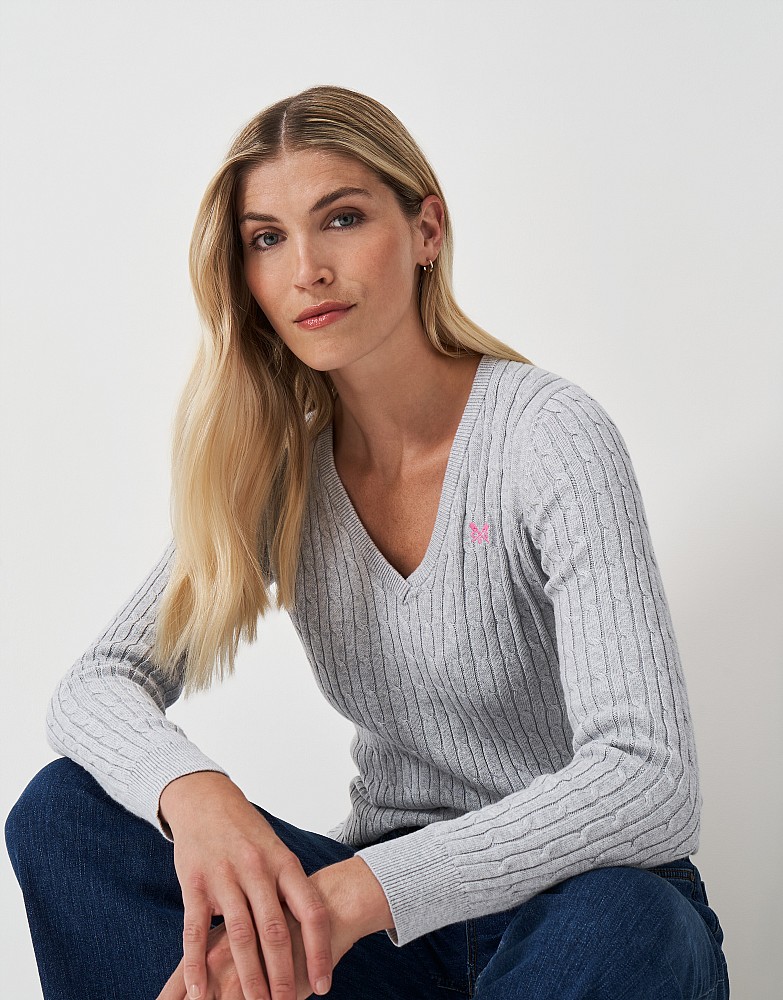 Heritage Cotton Cashmere Cable Knit V Neck Jumper