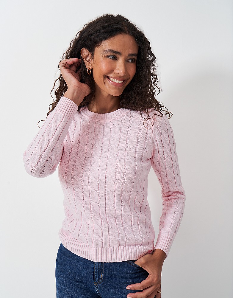 Women's Chunky Cable Knit Cotton Cashmere Crew Neck Jumper - Pink from ...