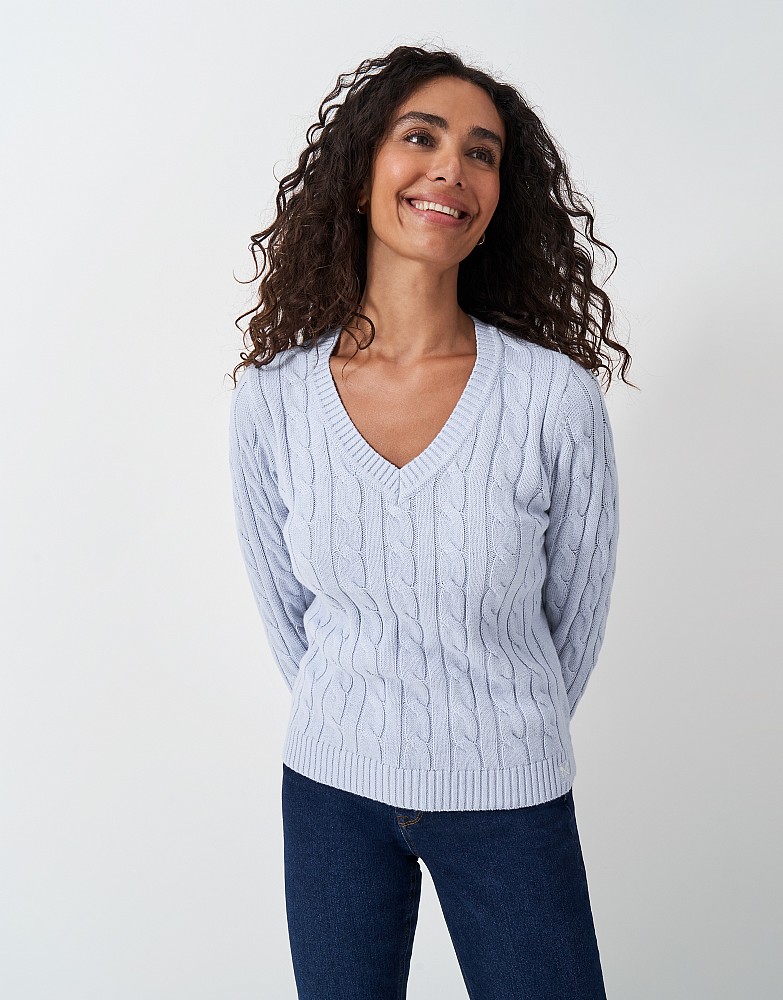 Chunky Cable Knit Cotton Cashmere V Neck Jumper