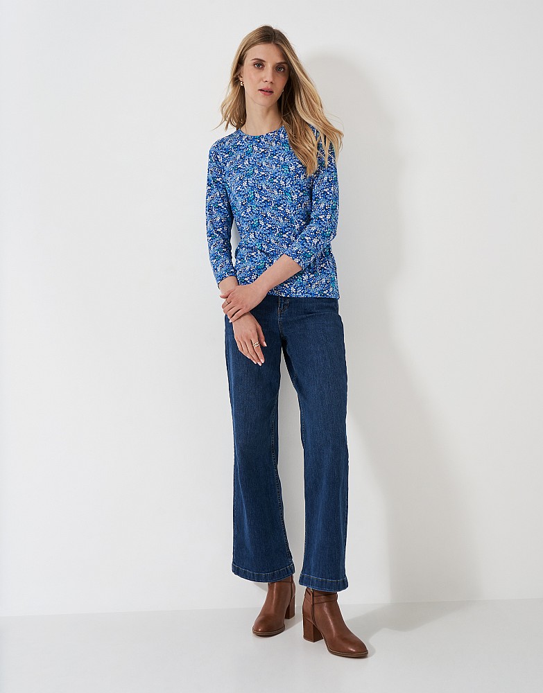 3/4 Sleeve Floral Print Viscose Top in Blue Ditsy