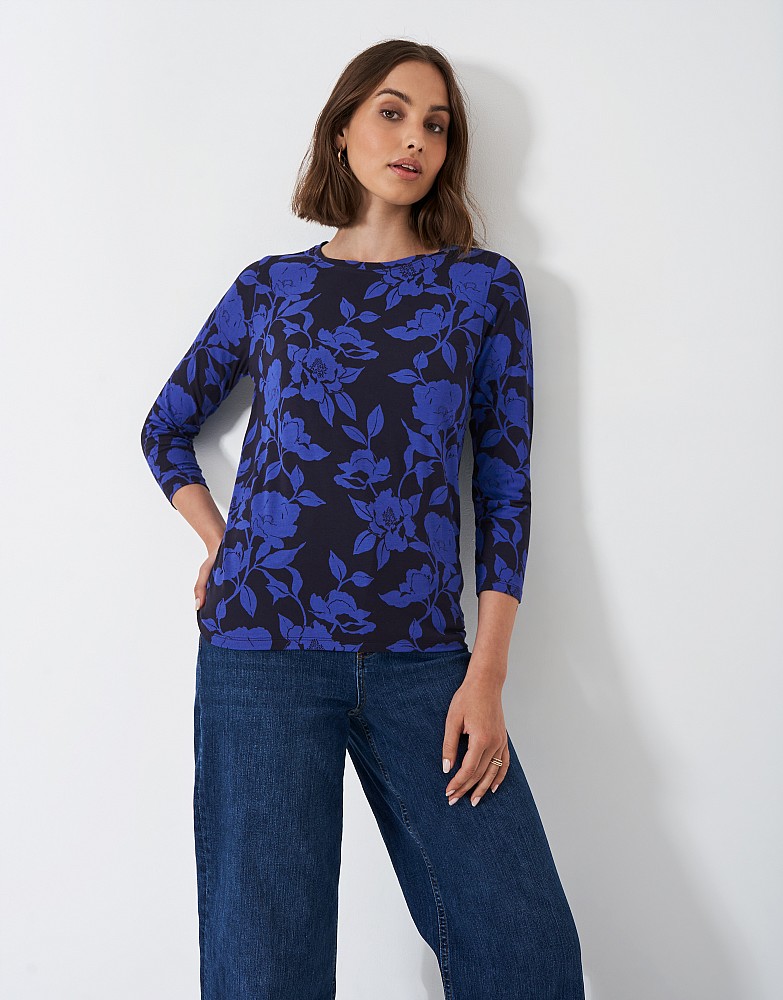 3/4 Sleeve Floral Print Viscose Top in Navy and Blue