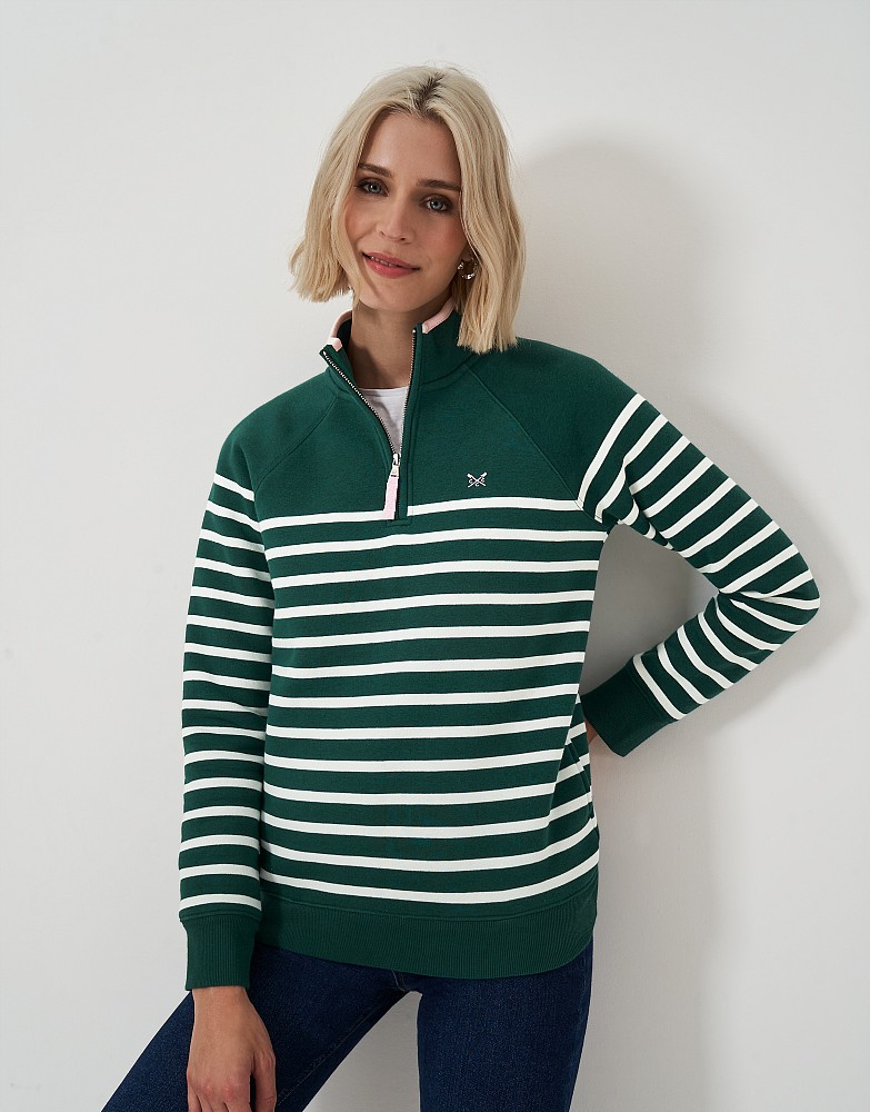 Half Zip Striped Sweatshirt in Green and White