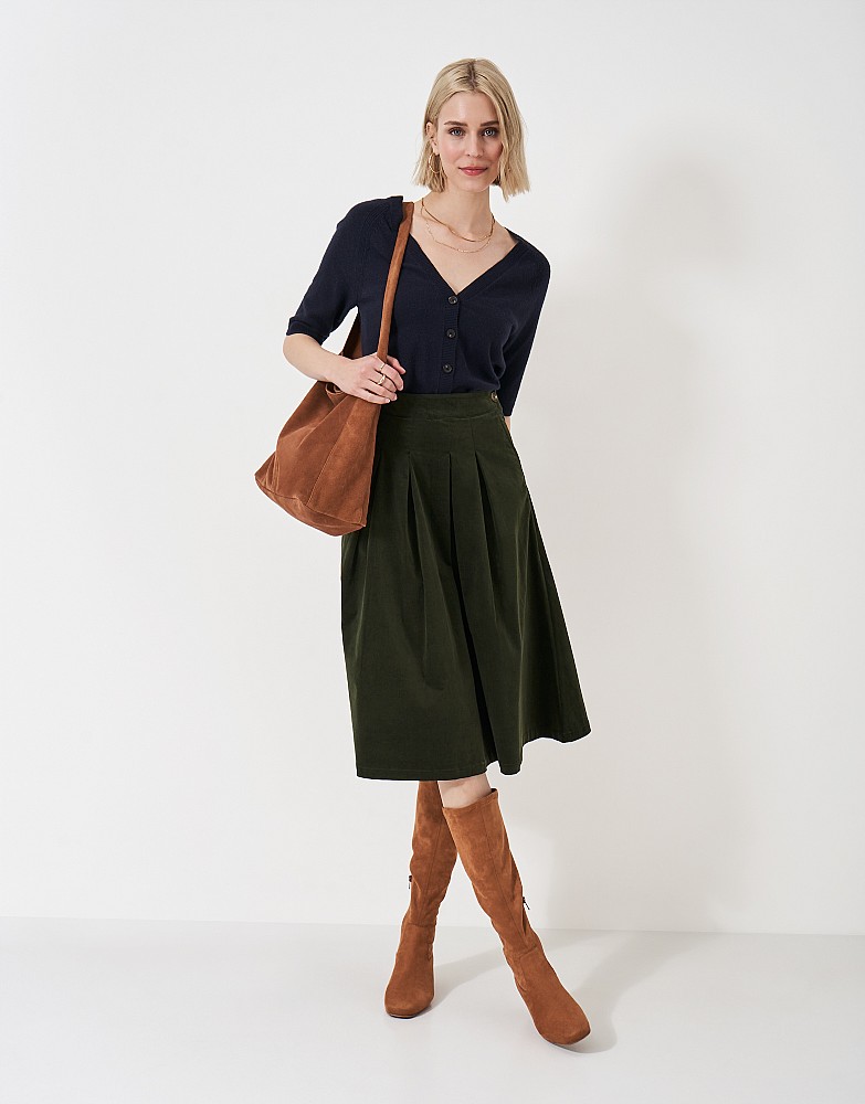 Pleated Cord Midi Skirt in Green