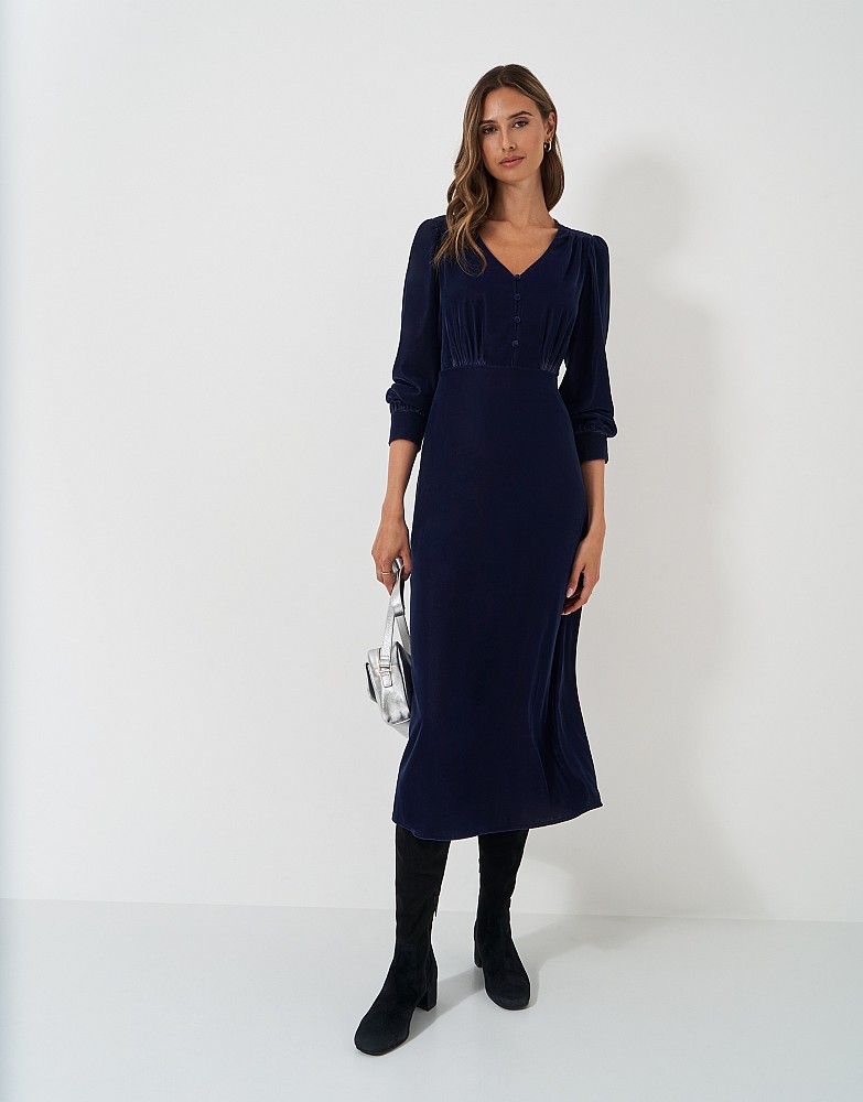 Button Detail Velvet Dress in Navy