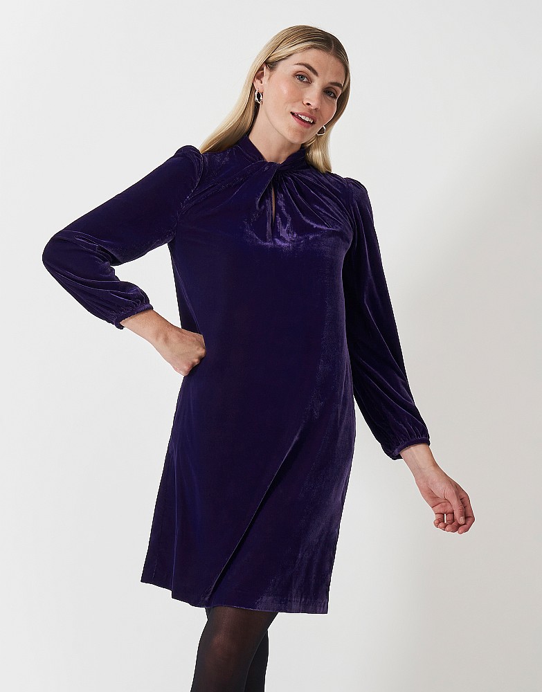 Twist Front Velvet Shift Dress in Navy