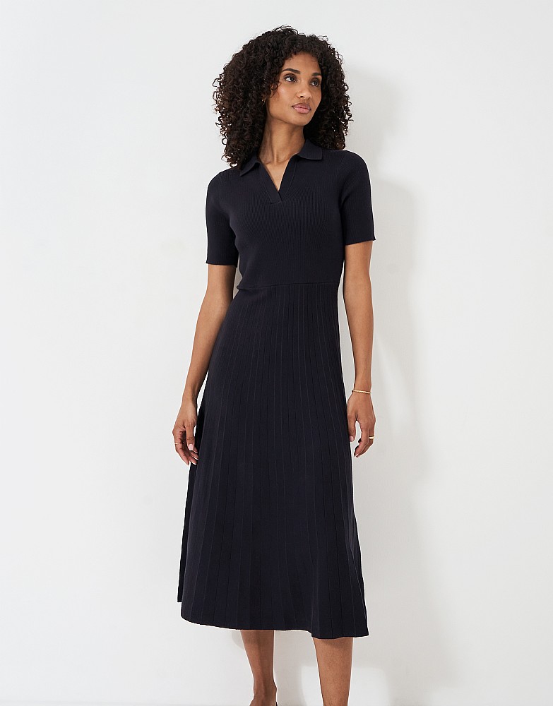 Knitted Summer Short Sleeve Pleated Collar Dress in Navy