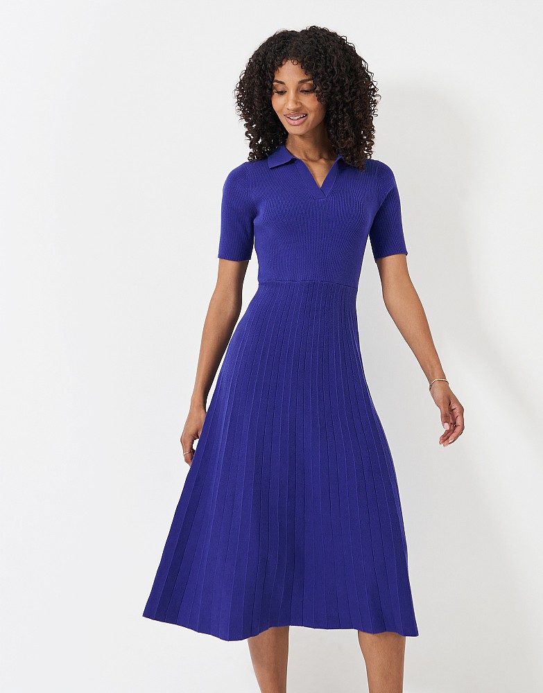 Knitted Summer Short Sleeve Pleated Collar Dress in Blue