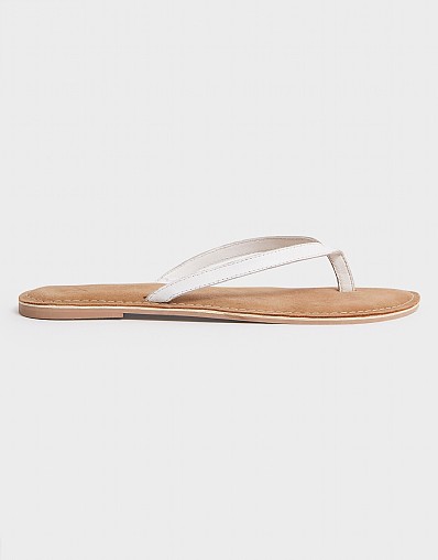 white leather flip flops