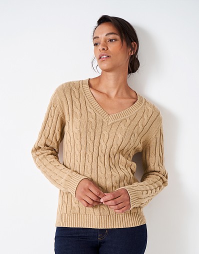 Women's Chunky Heritage Cashmere Blend Cable Knit V Neck Jumper